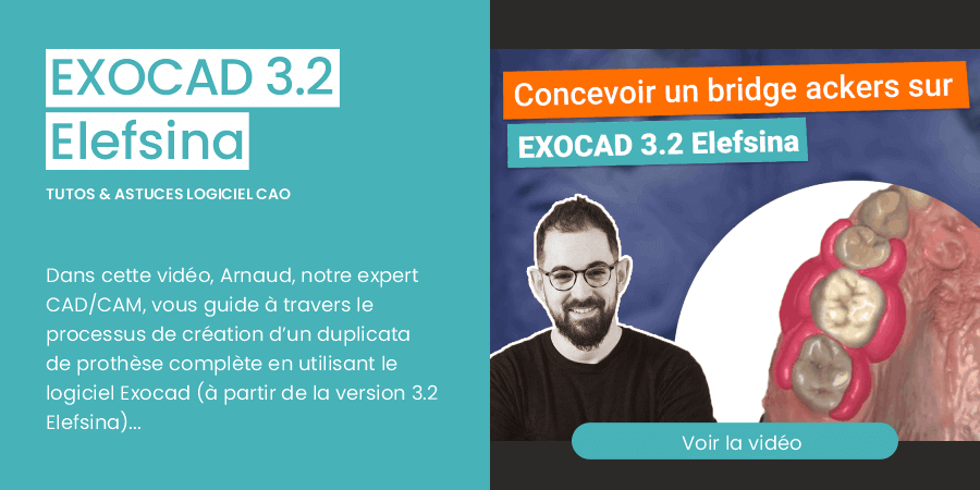 Dans cette vidéo, Arnaud, notre expert CAD/CAM, vous guide à travers le processus de création d’un duplicata de prothèse complète en utilisant le logiciel Exocad (à partir de la version 3.2 Elefsina).