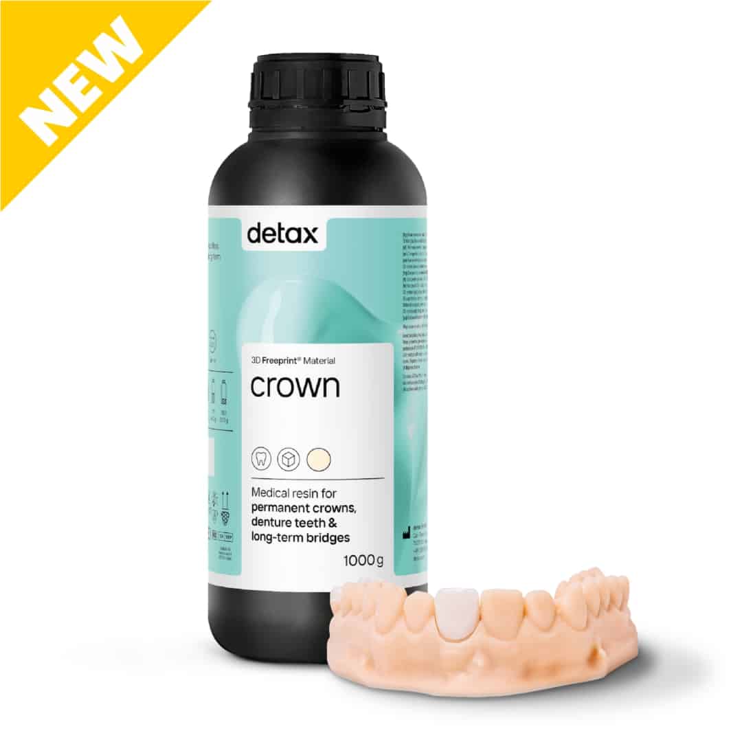 résine DETAX 3D Freeprint® Material dx crown : formulation photopolymérisable pour l’impression 3D de couronnes permanentes, de dents prothétiques et de bridges provisoires de longue durée. 