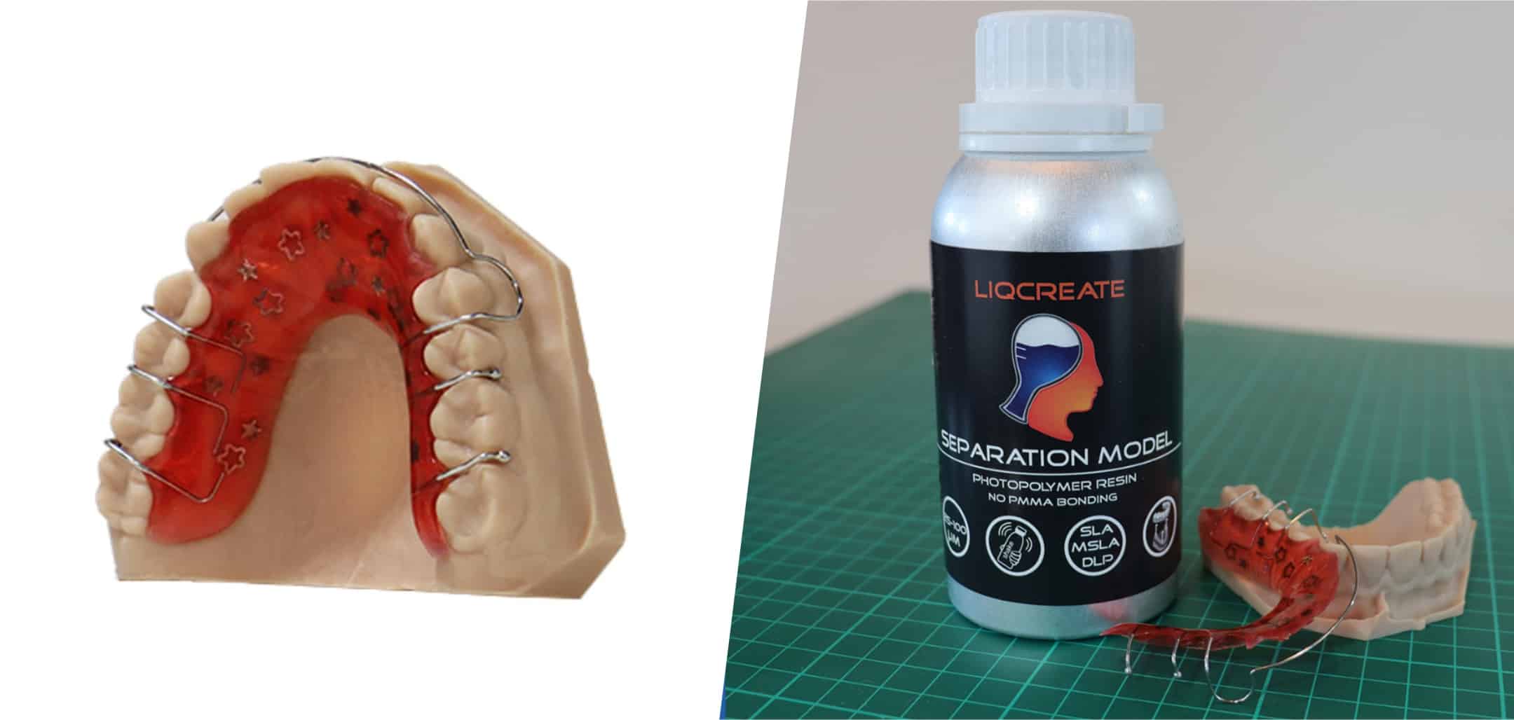 Liqcreate Separation Model est une résine d’impression 3D dentaire permettant de réaliser des modèles non adhérents aux acryliques PMMA, sans agent de séparation.