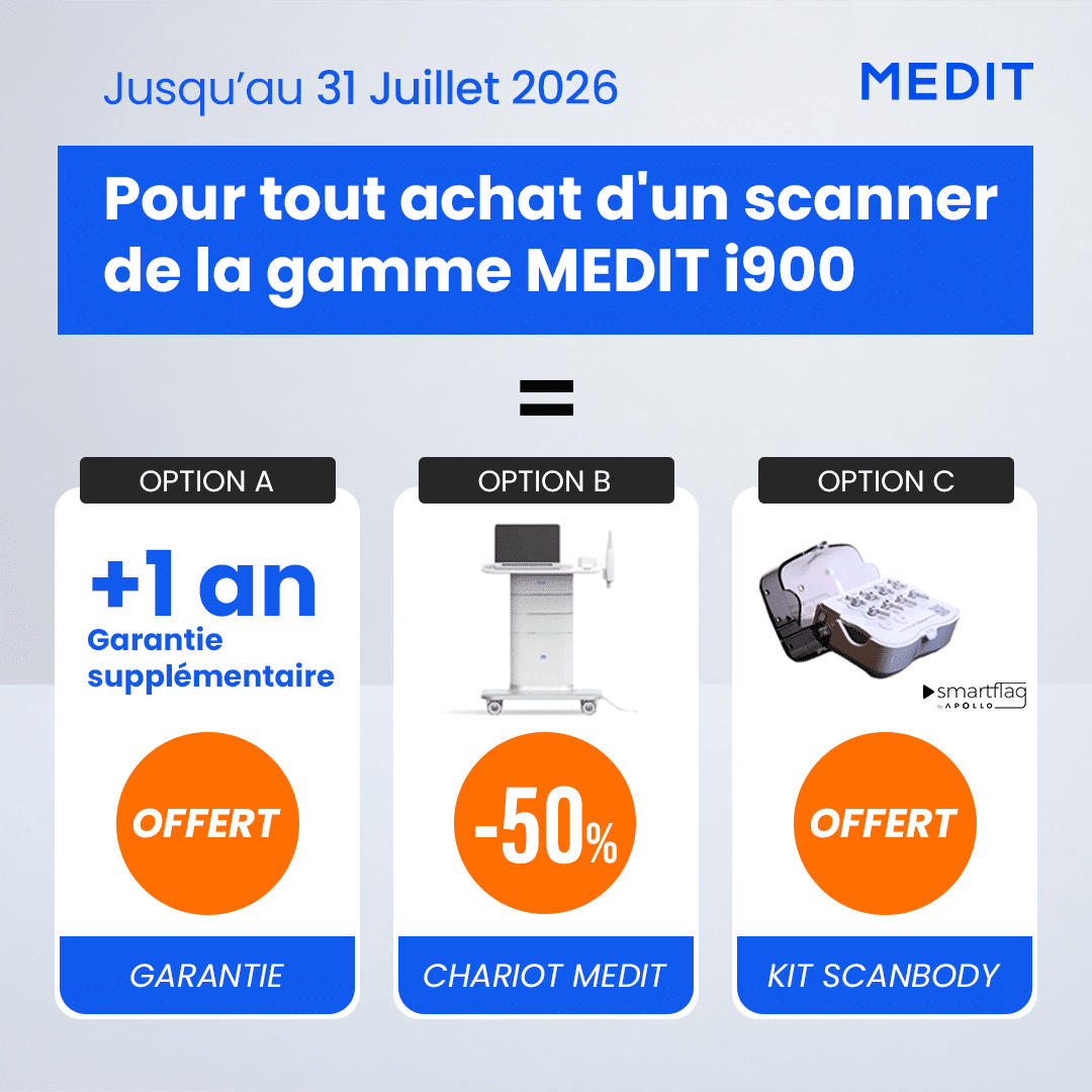 Offre d'été : Jusqu'au 31 juillet, pour tout achat d'un scanner Medit de la famille i900, profitez au choix d'un des avantages suivants : 1 an de garantie ; un kit Apollo Smartflag ; -50% sur votre chariot Medit